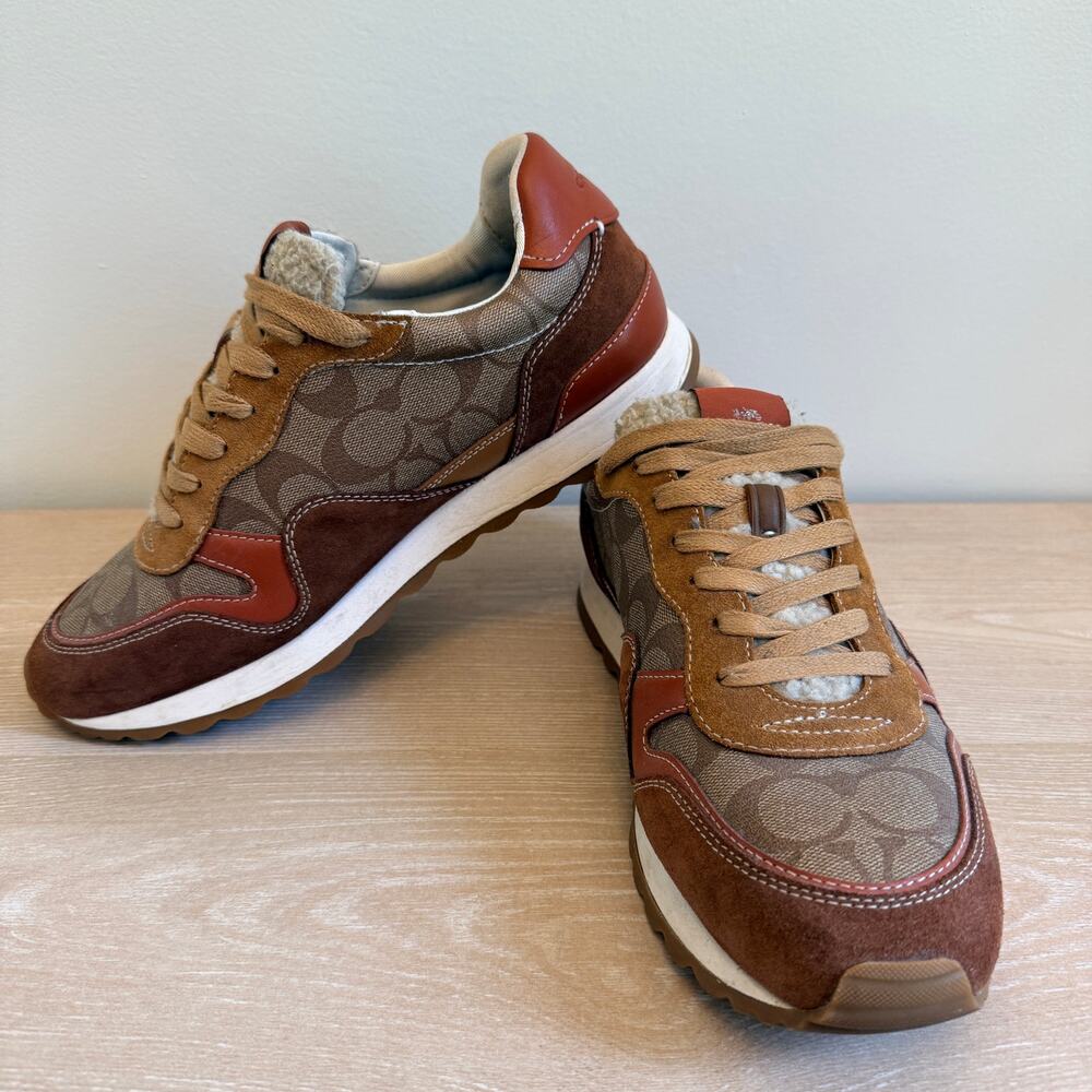 Coach Men's Signature Jacquard Suede Tech Runner Sneakers Shoes Brown 9.5D